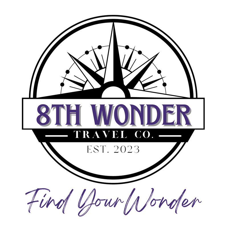 8th wonder travel company circular logo with tagline find your wonder